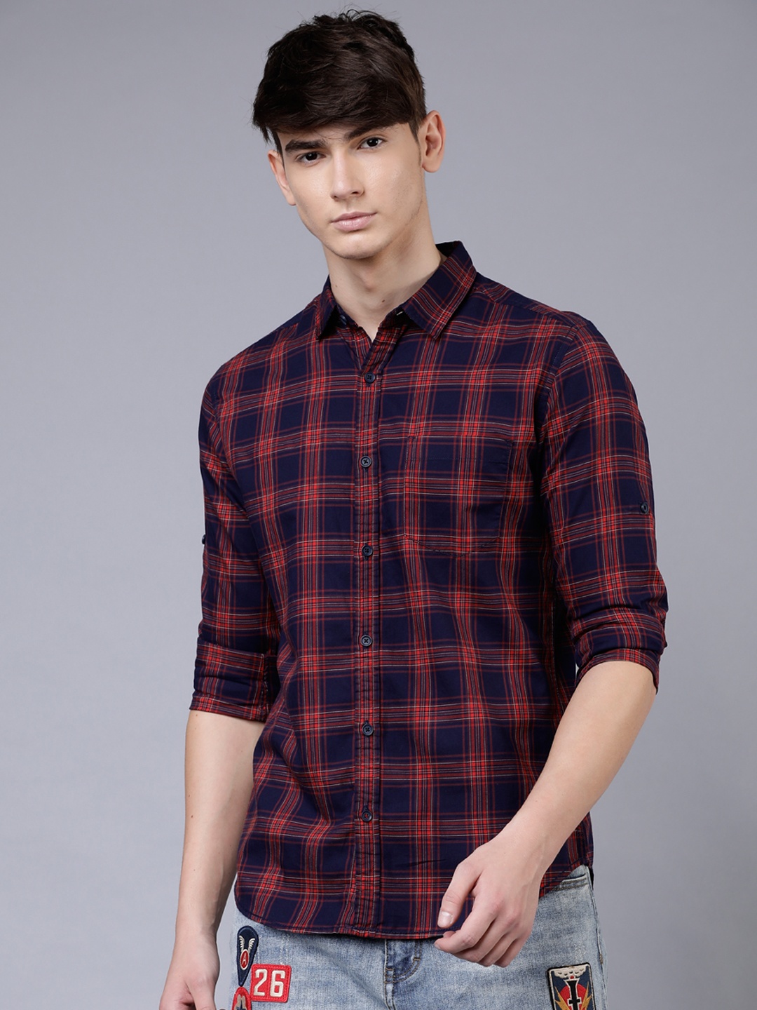 

LOCOMOTIVE Men Navy Blue & Red Slim Fit Checked Casual Shirt