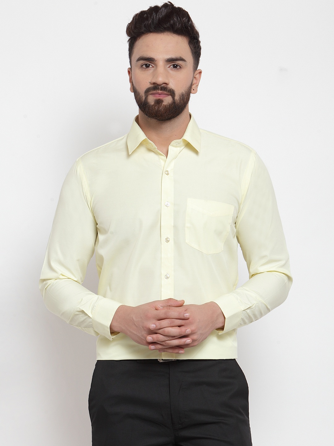 

English Navy Men Yellow Sport Slim Fit Solid Formal Shirt