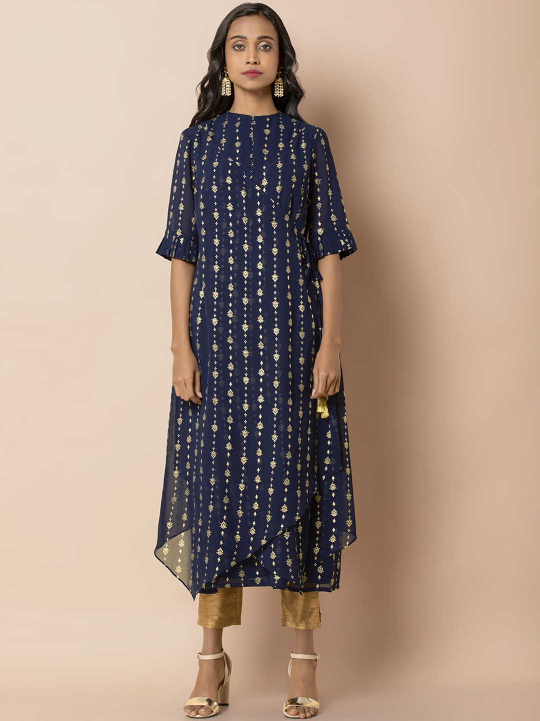 

INDYA Women Blue & Gold-Toned Foil Printed A-Line Kurta
