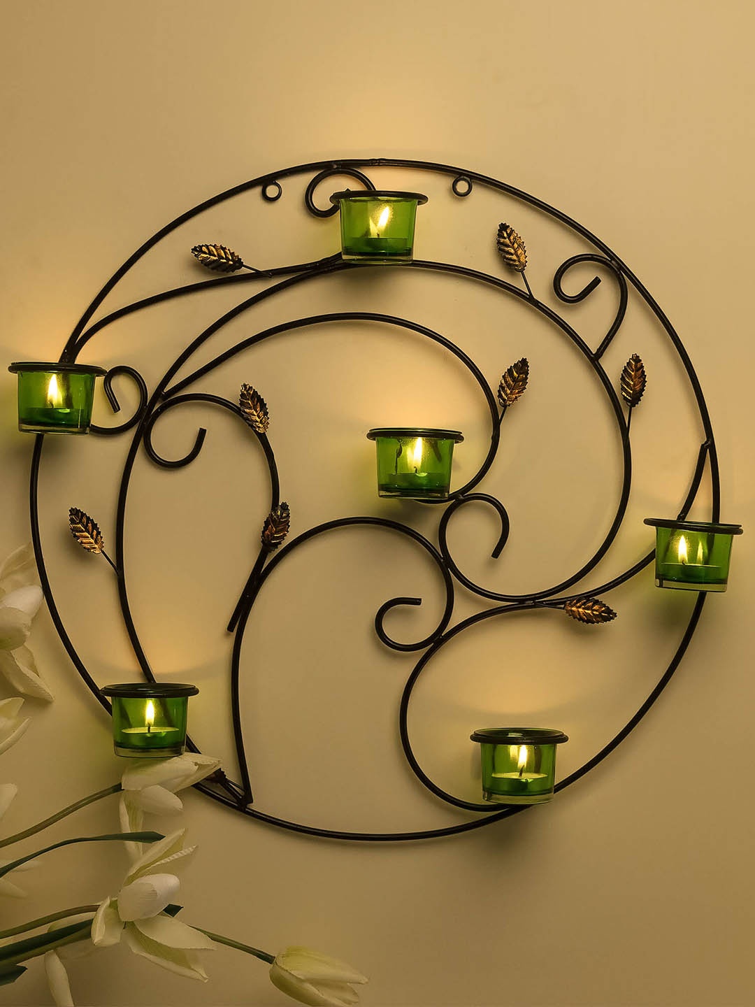 

Homesake Green Round Leafy Touch Wall Tealight Holder with 6 Cups