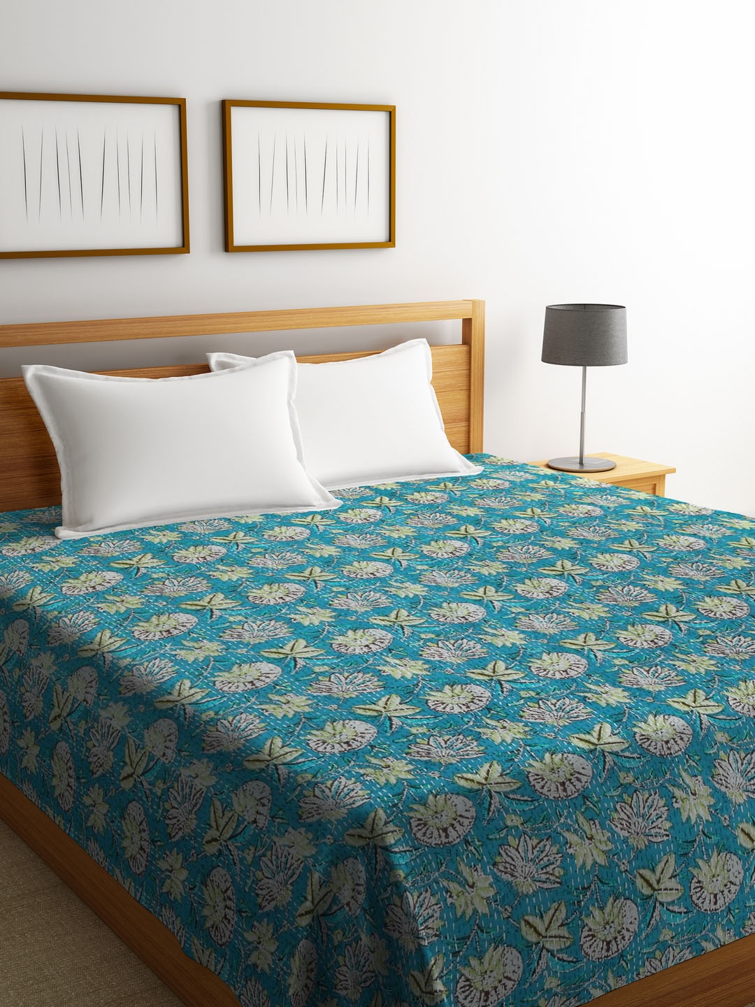 

Rajasthan Decor Green Floral Screen Print Kantha Work Cotton Double King Bed Cover