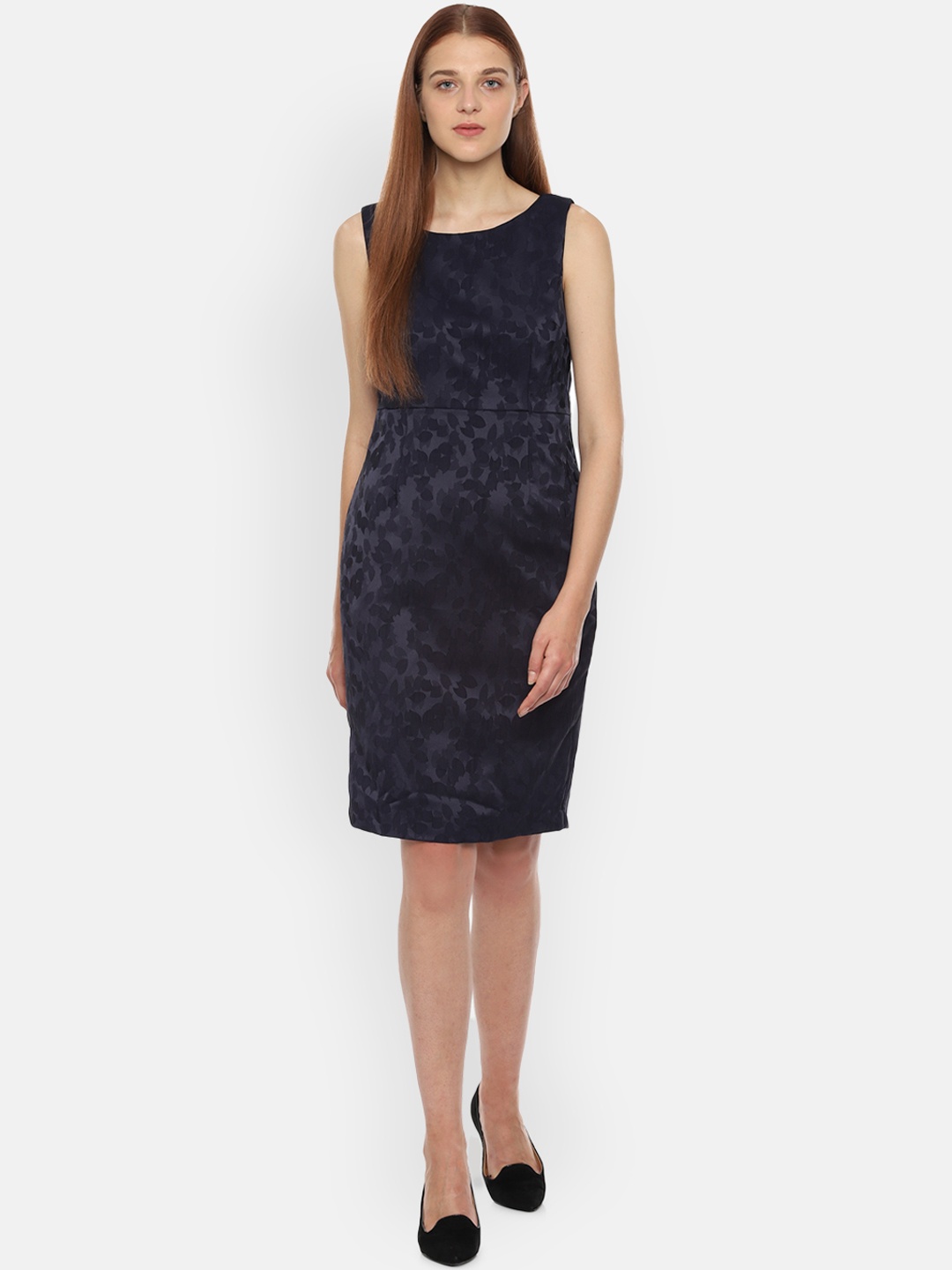 

Van Heusen Woman Navy Blue Self Design Sheath Dress