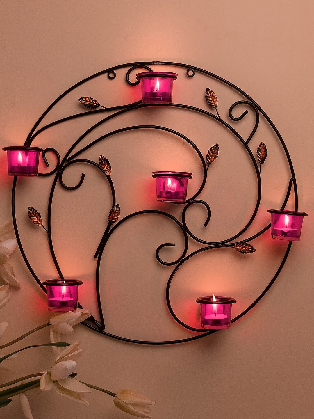 

Homesake Pink Round Leafy Touch Wall Tealight Holder with 6 Cups