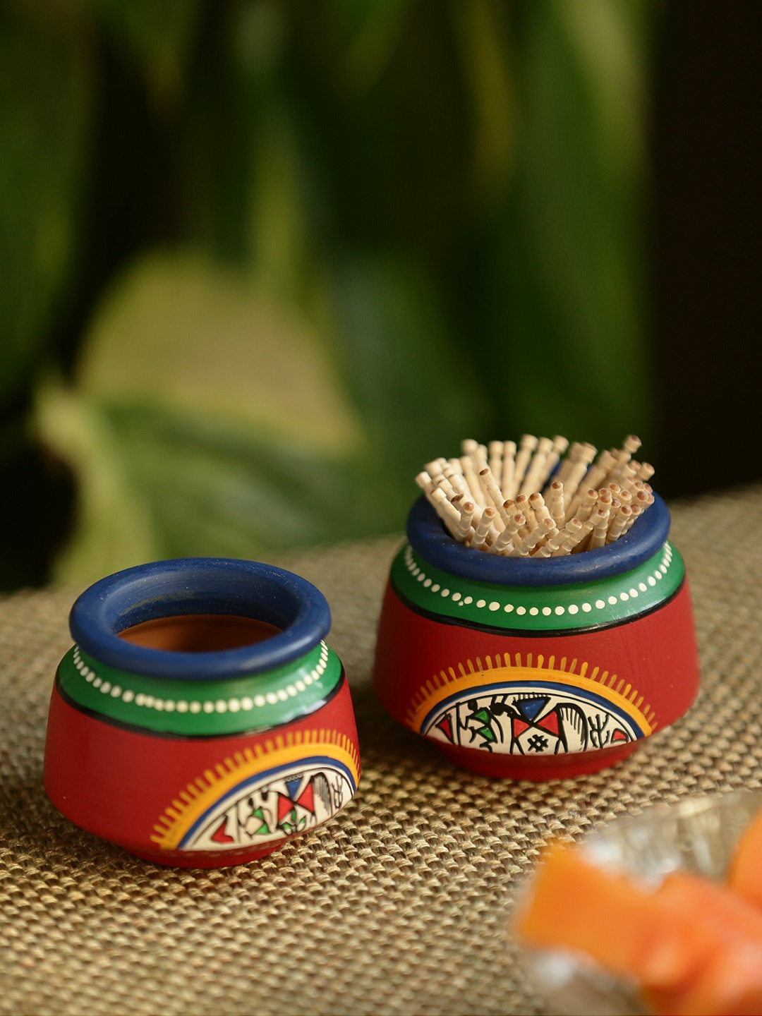 

ExclusiveLane Set of 2 Maroon & Green Handpainted Warli Terracotta Toothpick Holders