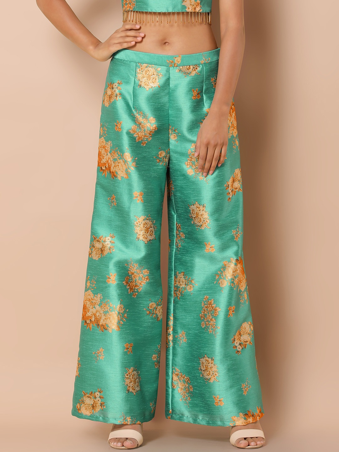 

INDYA Women Blue & Beige Printed Straight Palazzos