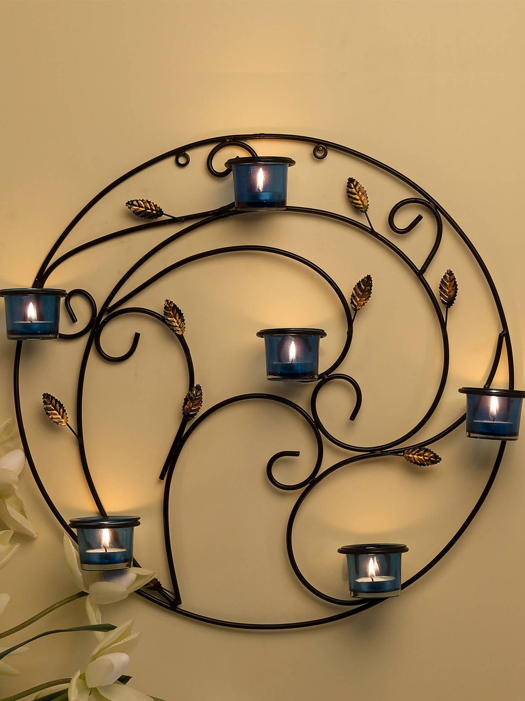 

Homesake Blue Round Leafy Touch Wall Tealight Holder with 6 Cups