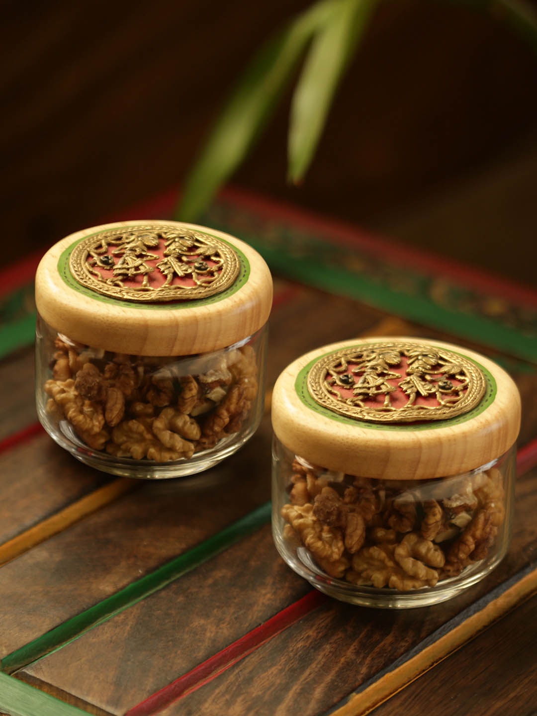

ExclusiveLane Dhokra Delicacies Glass & Wood Snacks Jar Set, Brown