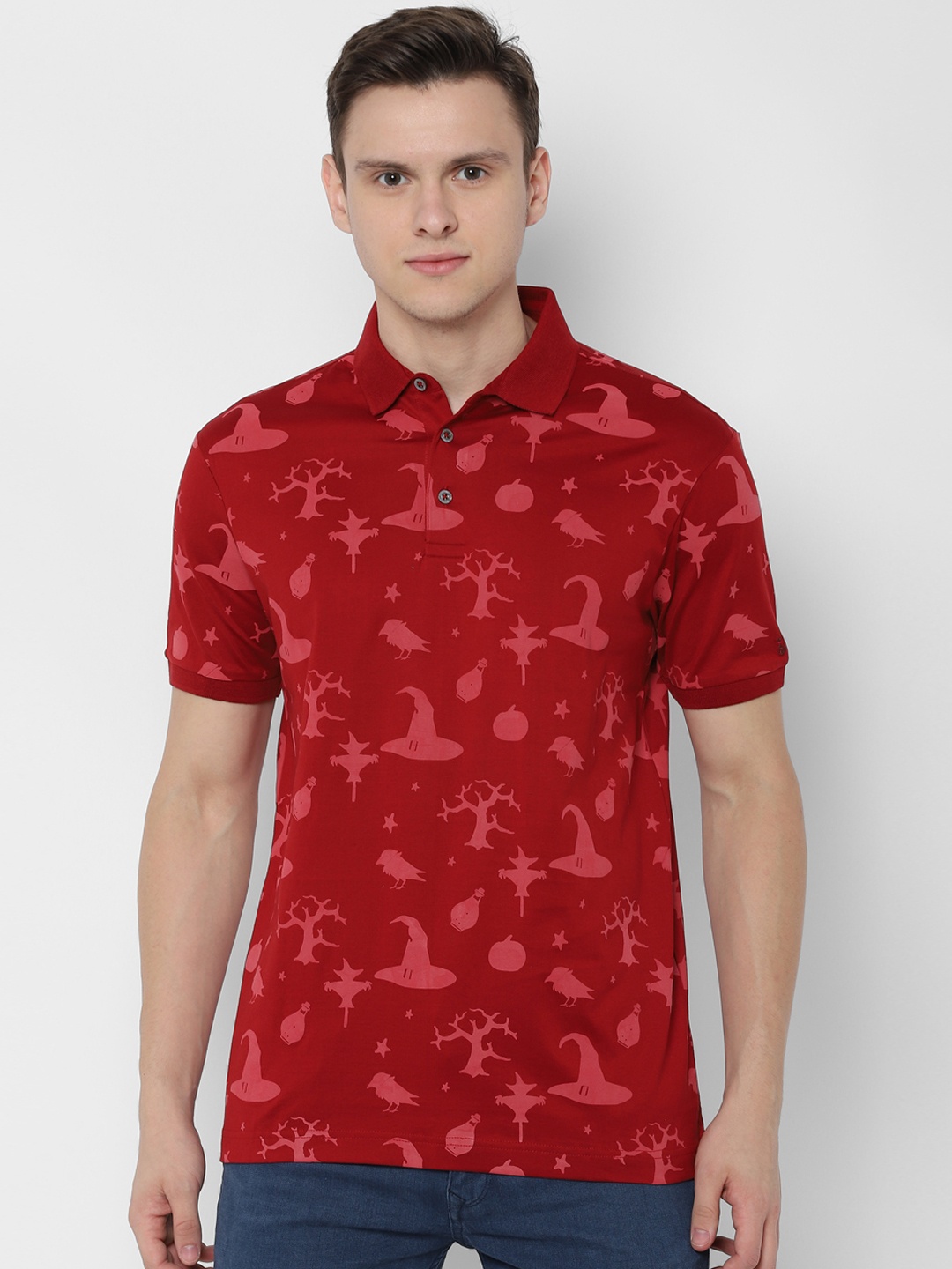 

SIMON CARTER LONDON Men Red Printed Polo Collar Pure Cotton T-shirt