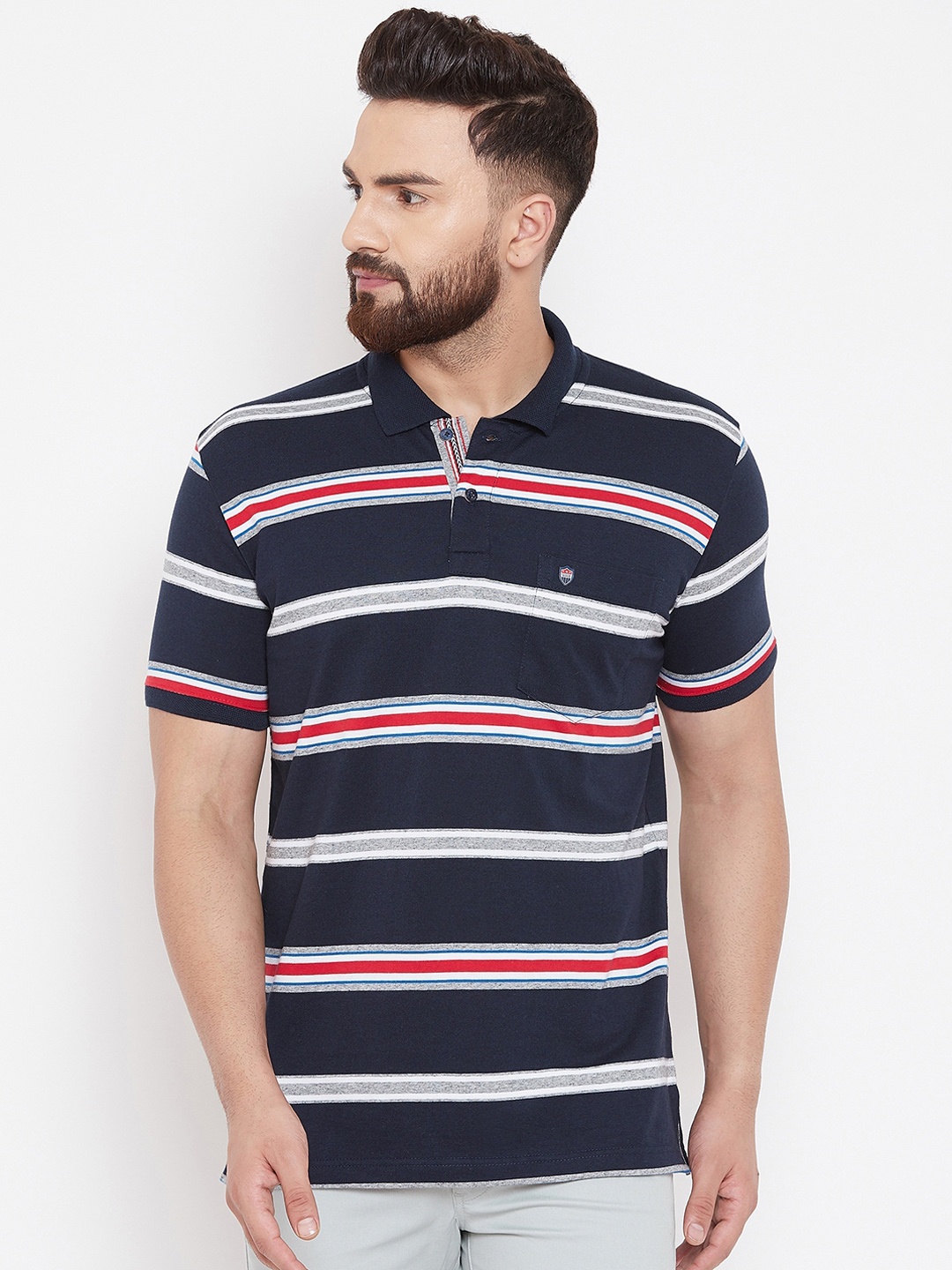 Duke Men Navy Blue Striped Polo Collar T-shirt
