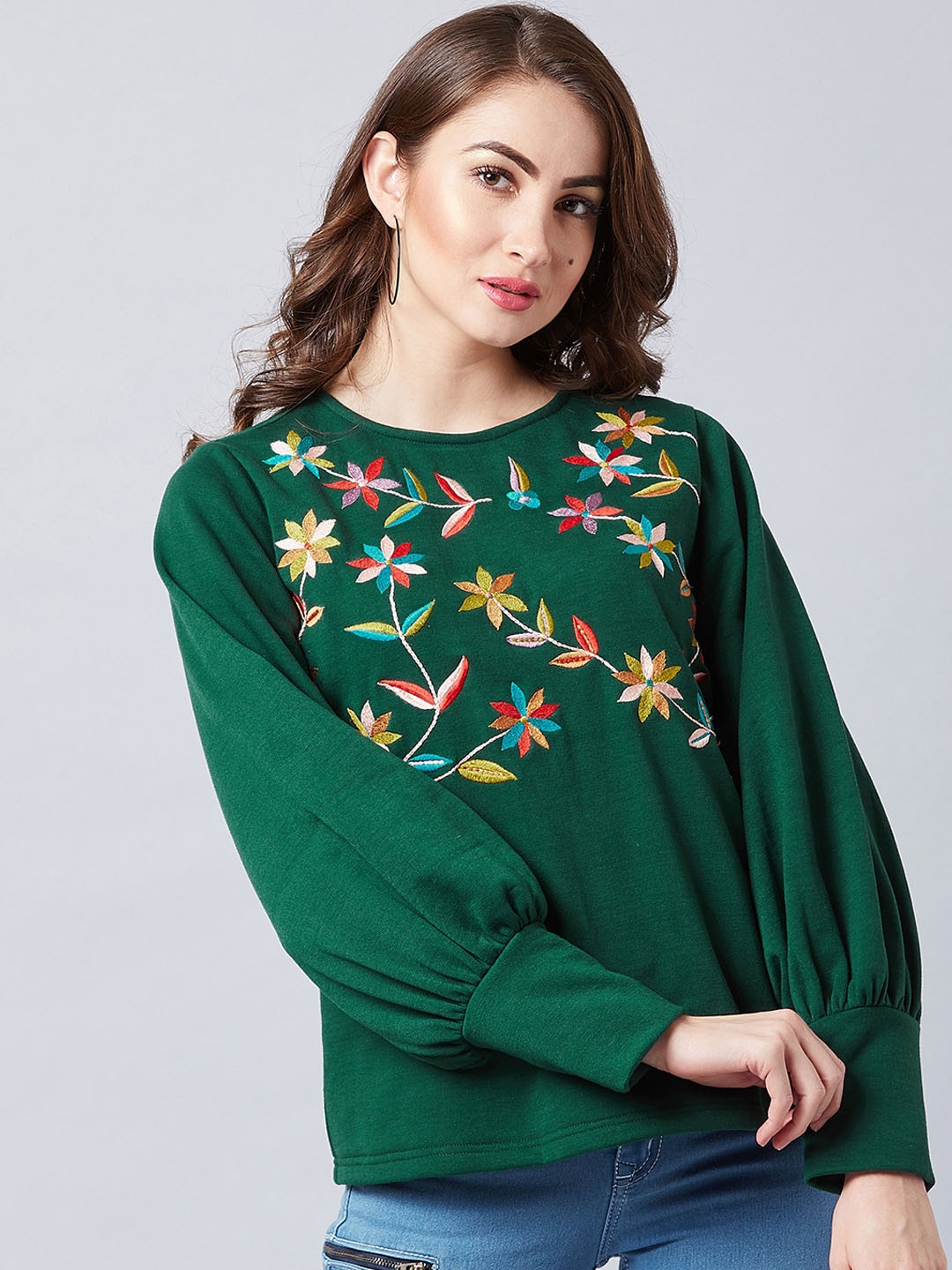 

Athena Women Green Embroidered Sweatshirt