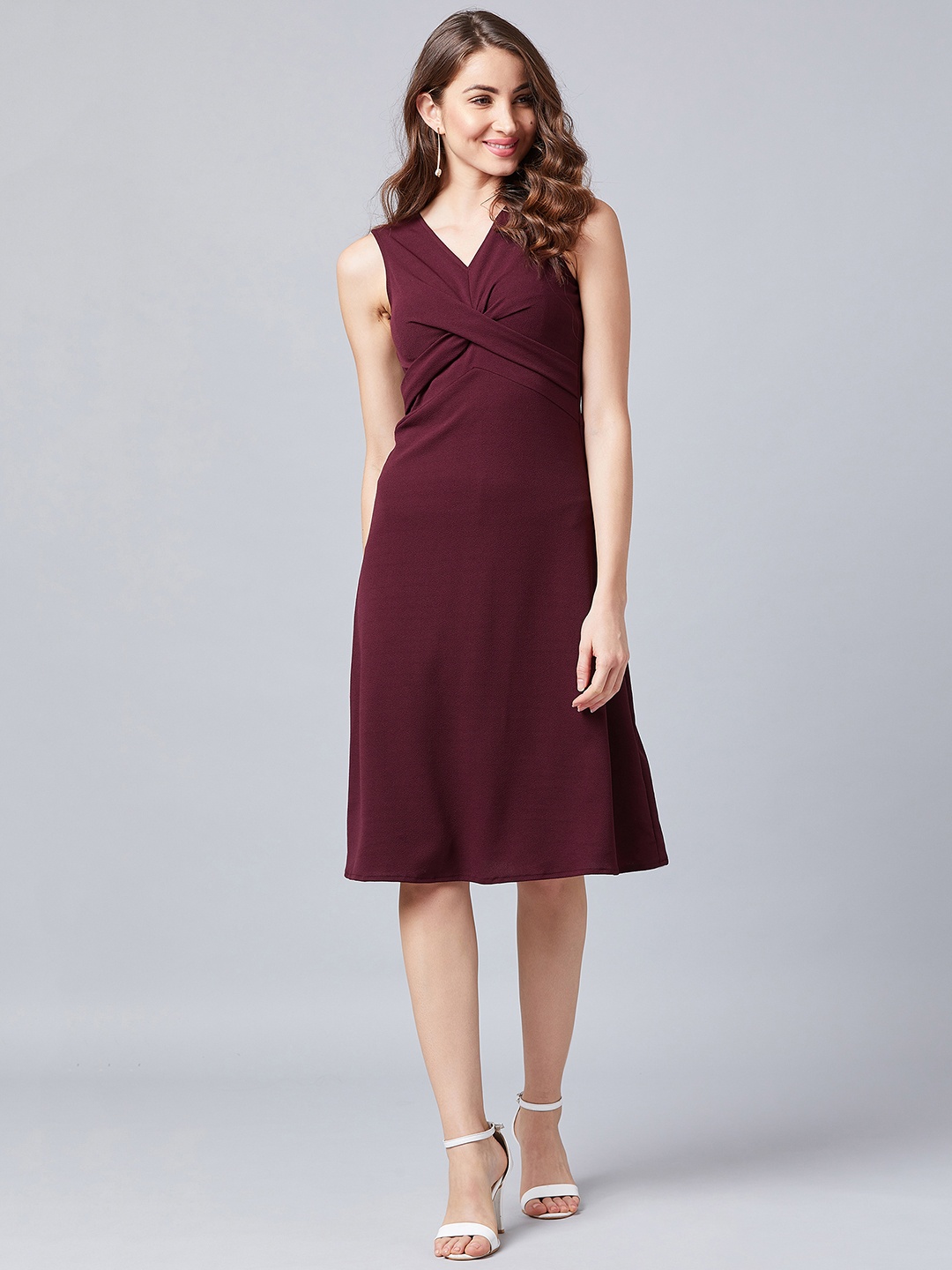 

Athena Women Solid Burgundy Fit and Flare Dress