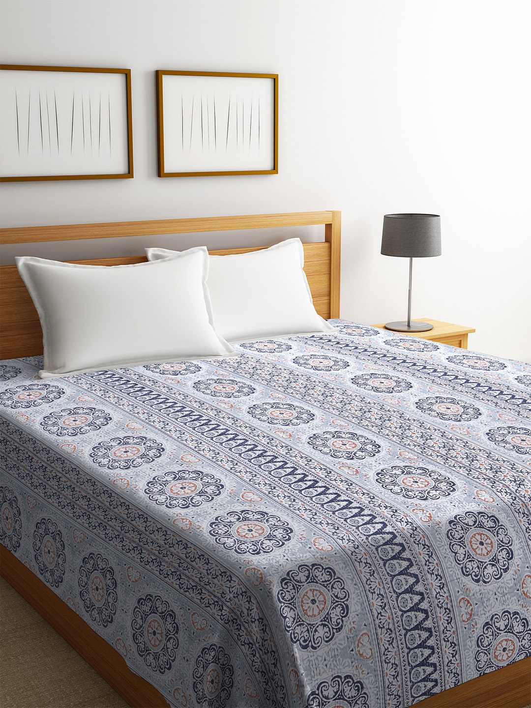 

Rajasthan Decor Grey Ethnic Screen Print Kantha Work Cotton Double King Bed Cover