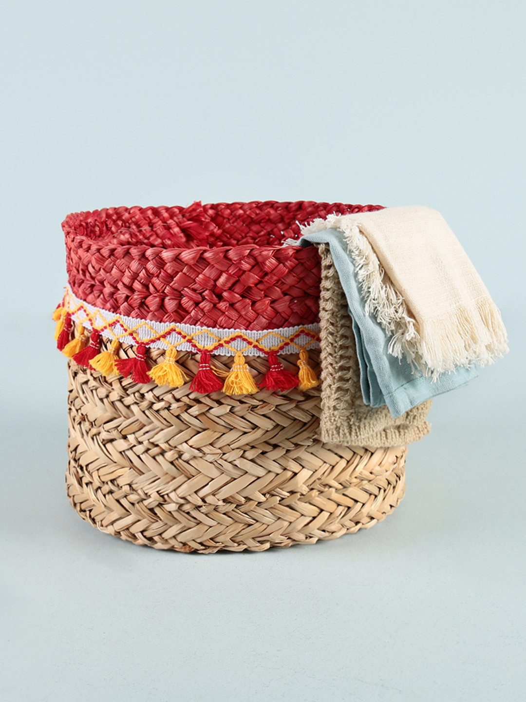 

Chumbak Brown & Red Carnival Tassel Storage Basket