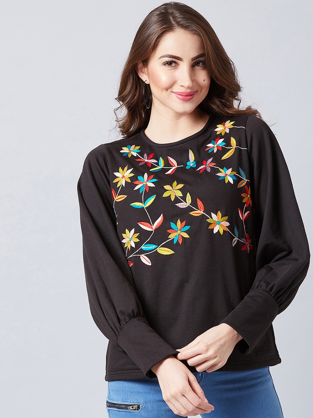 

Athena Women Black Embroidered Pullover Sweatshirt
