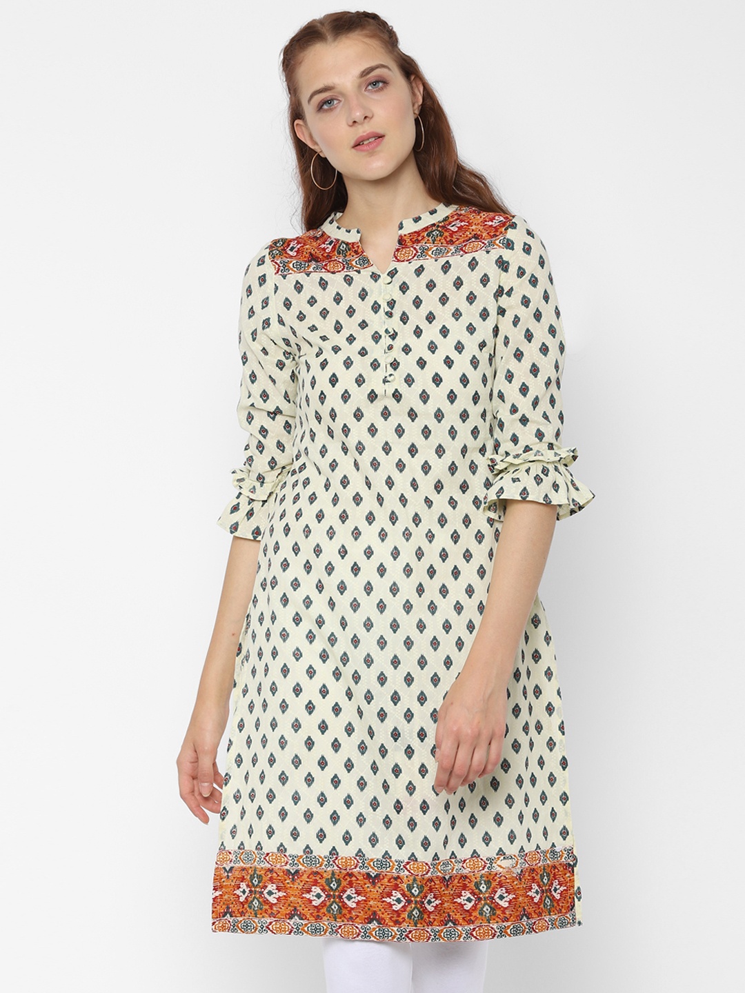 

People Women Yellow & Green Printed Straight Kurta