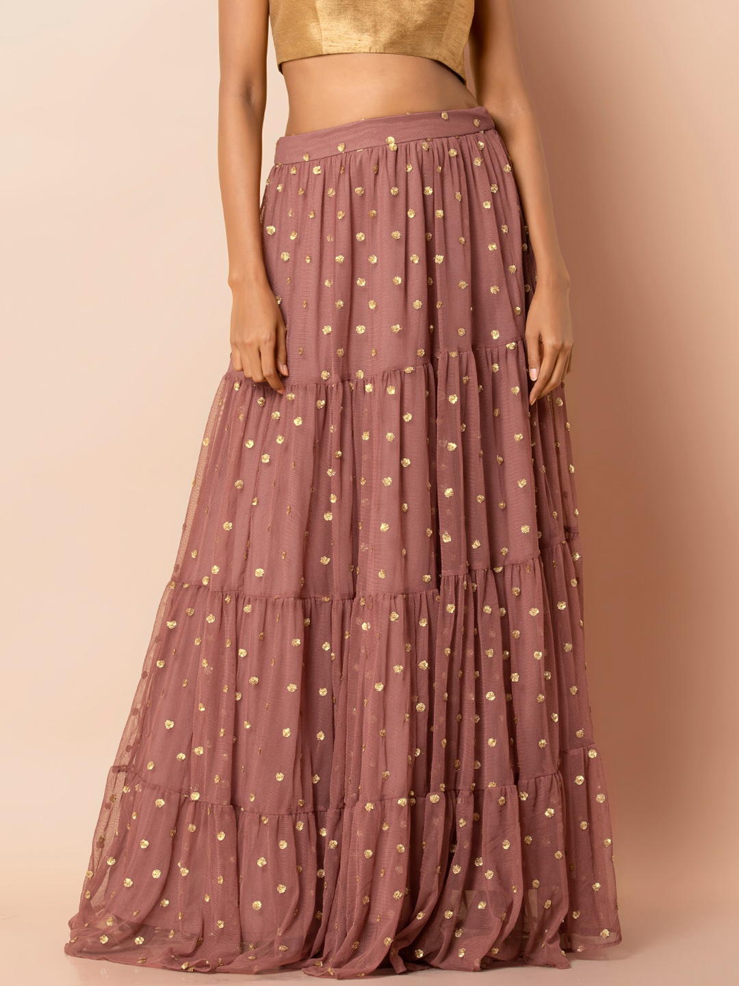 

INDYA Dusty Pink & Gold-Coloured Sequinned Maxi Flared Skirt