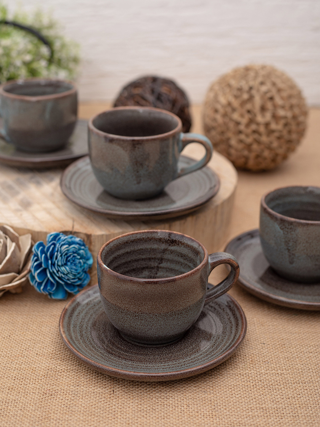 

GOODHOMES Grey & Blue Stoneware Set of 4 Cups & 4 Saucers