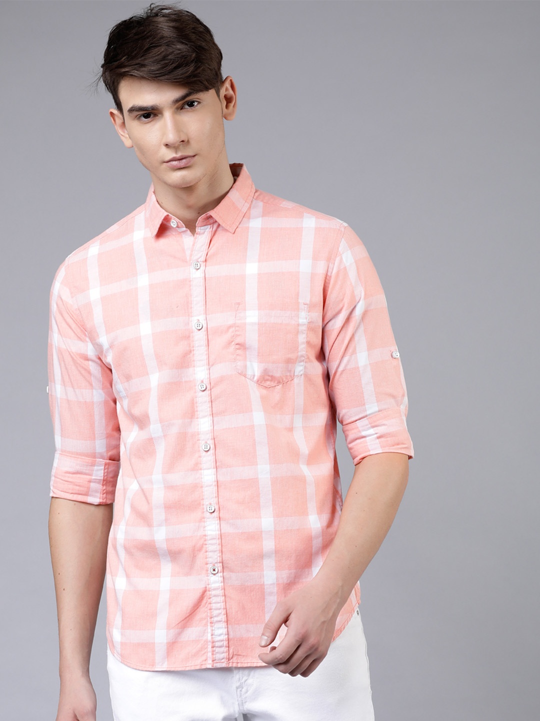 

LOCOMOTIVE Men Peach-Coloured & White Slim Fit Checked Casual Shirt