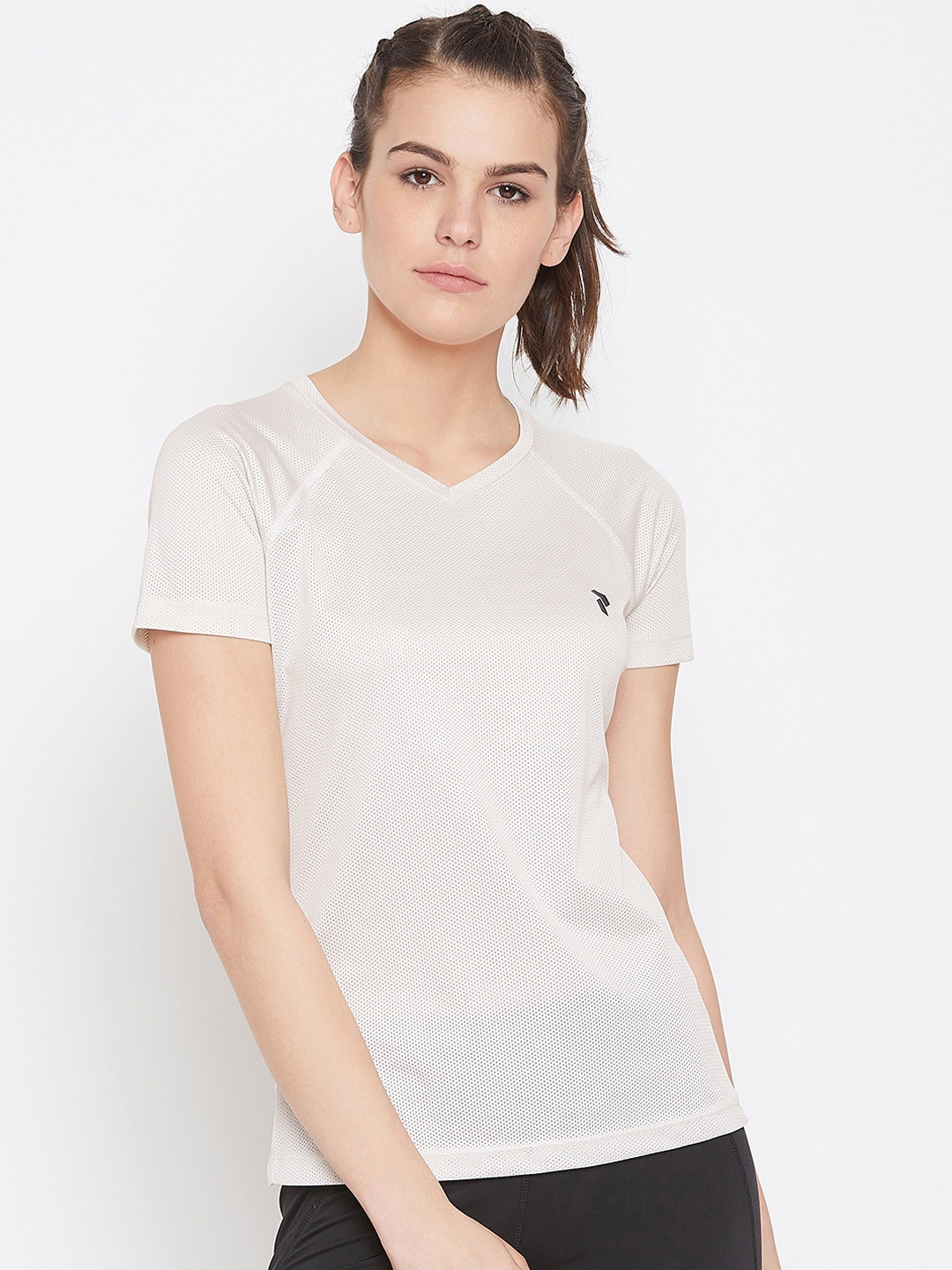

PERFKT-U Women White Perforated V-Neck T-shirt