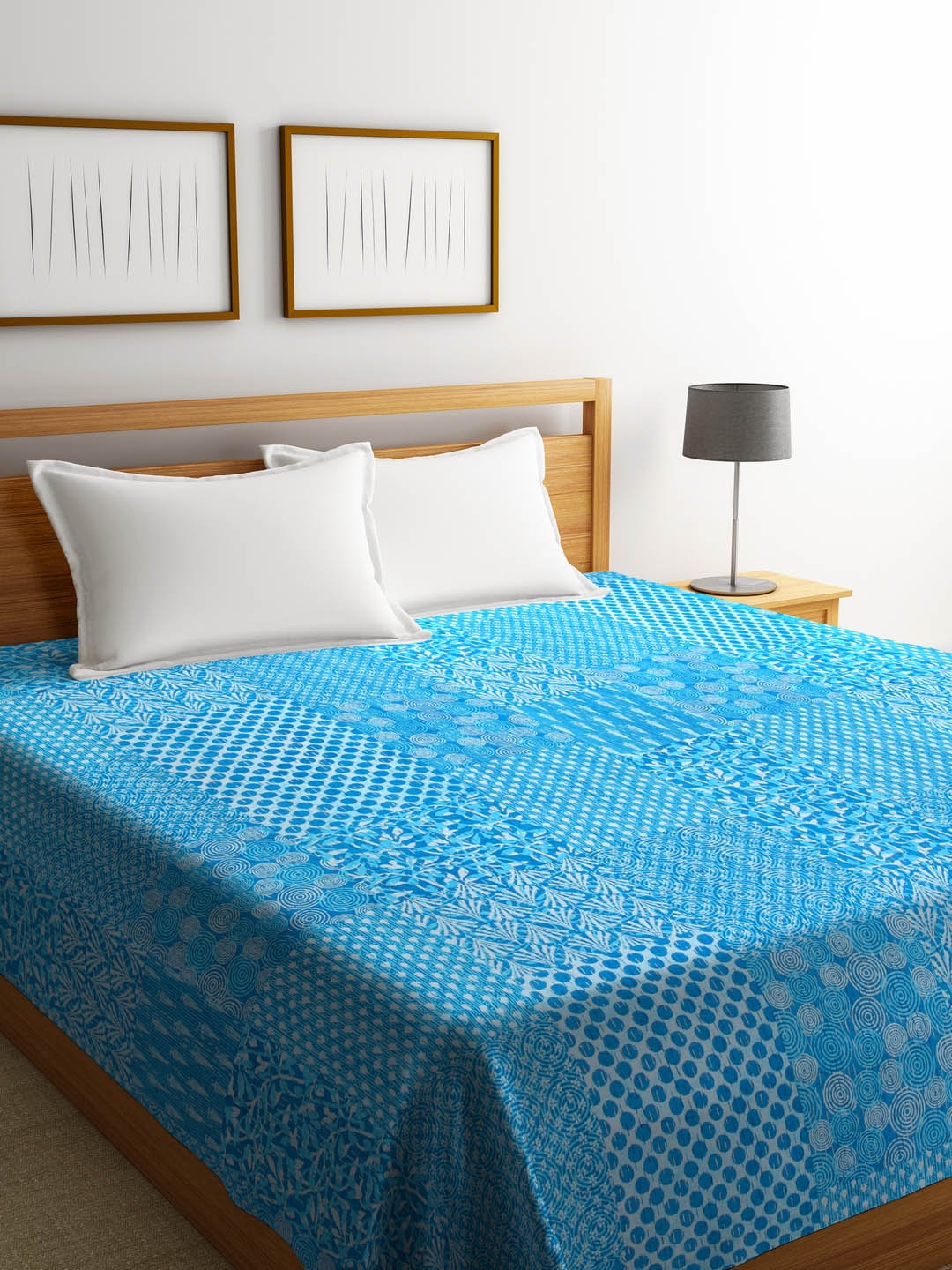 

Rajasthan Decor Blue Ethnic Screen Print Kantha Work Cotton Double King Bed Cover