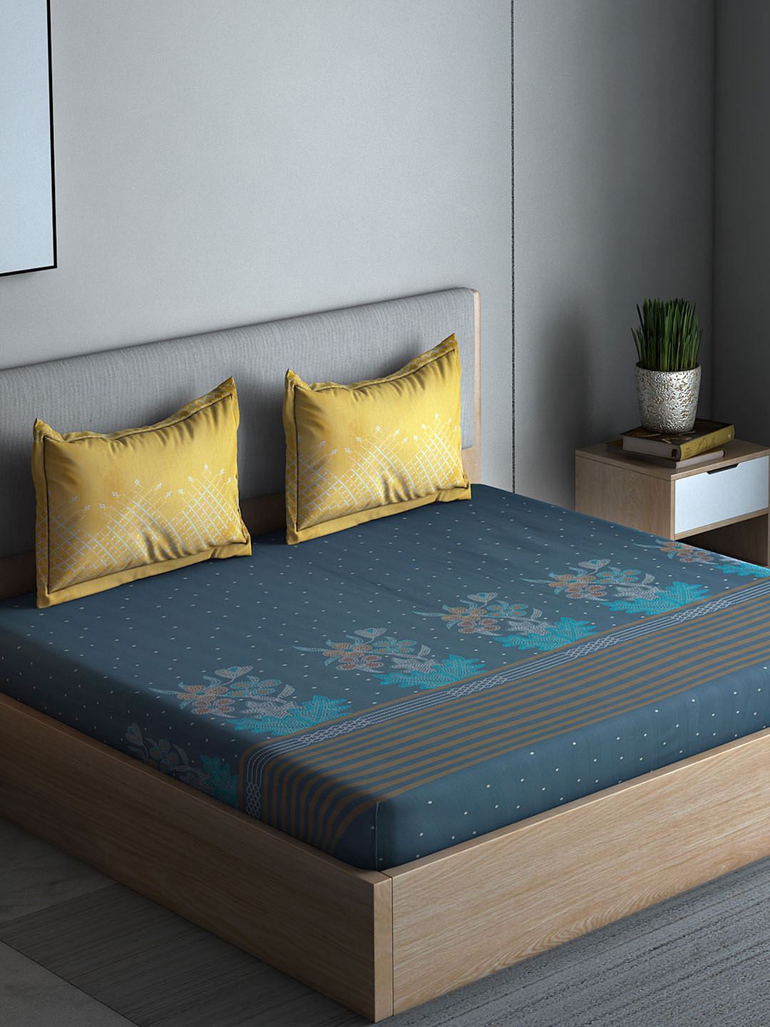 

Boutique Living India Blue Floral 300 TC Cotton 1 Queen Bedsheet with 2 Pillow Covers