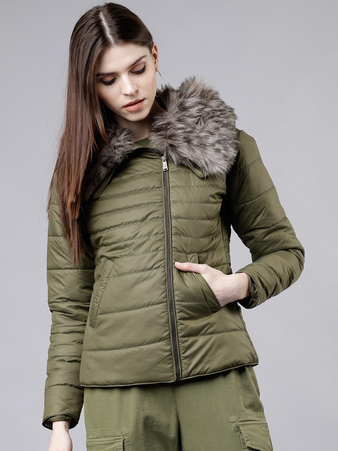 

Tokyo Talkies Women Olive Green Solid Puffer Jacket
