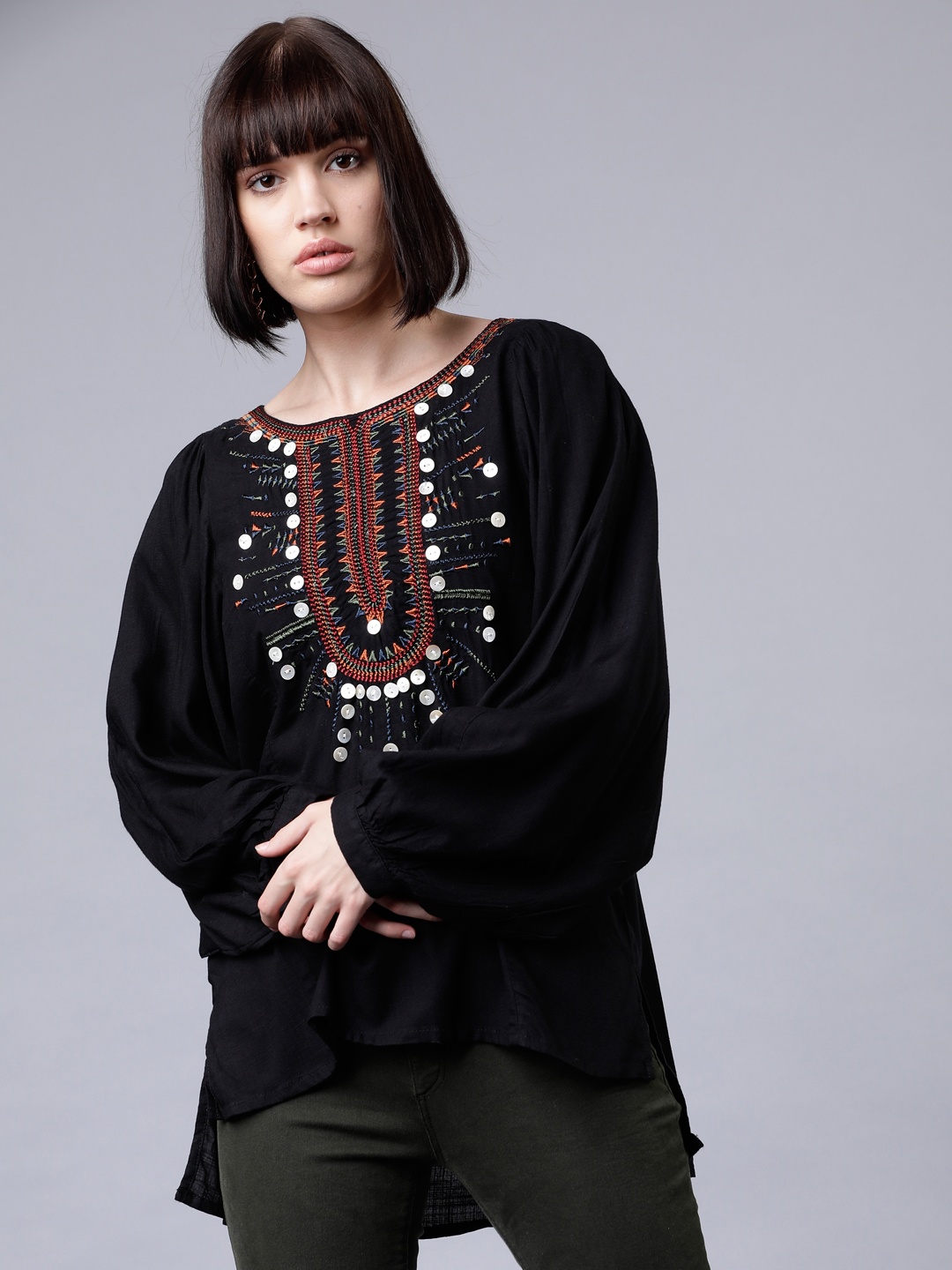 Tokyo Talkies Women Black Embellished High-Low Top