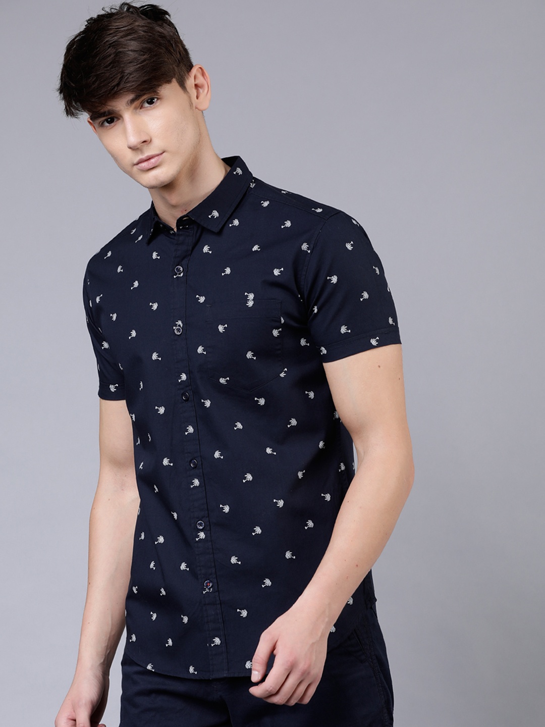 

HIGHLANDER Men Navy Blue & White Slim Fit Printed Casual Shirt