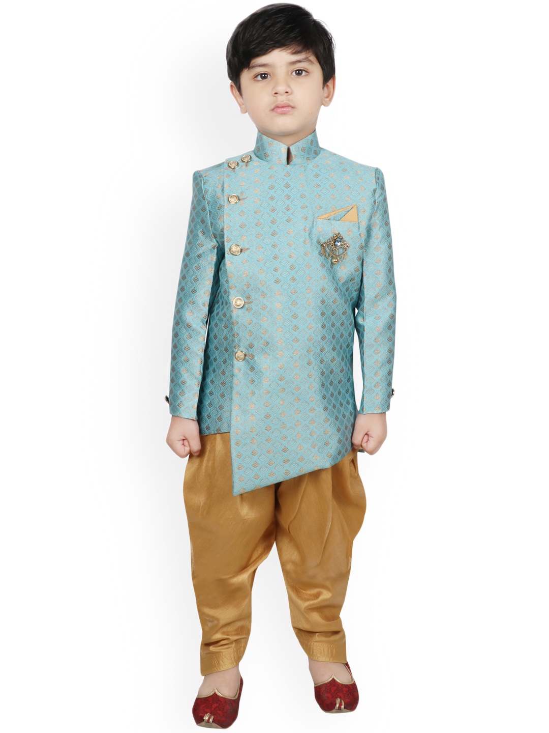

SG YUVRAJ Boys Turquoise Blue & Gold-Coloured Woven-Design Raw-Silk Sherwani