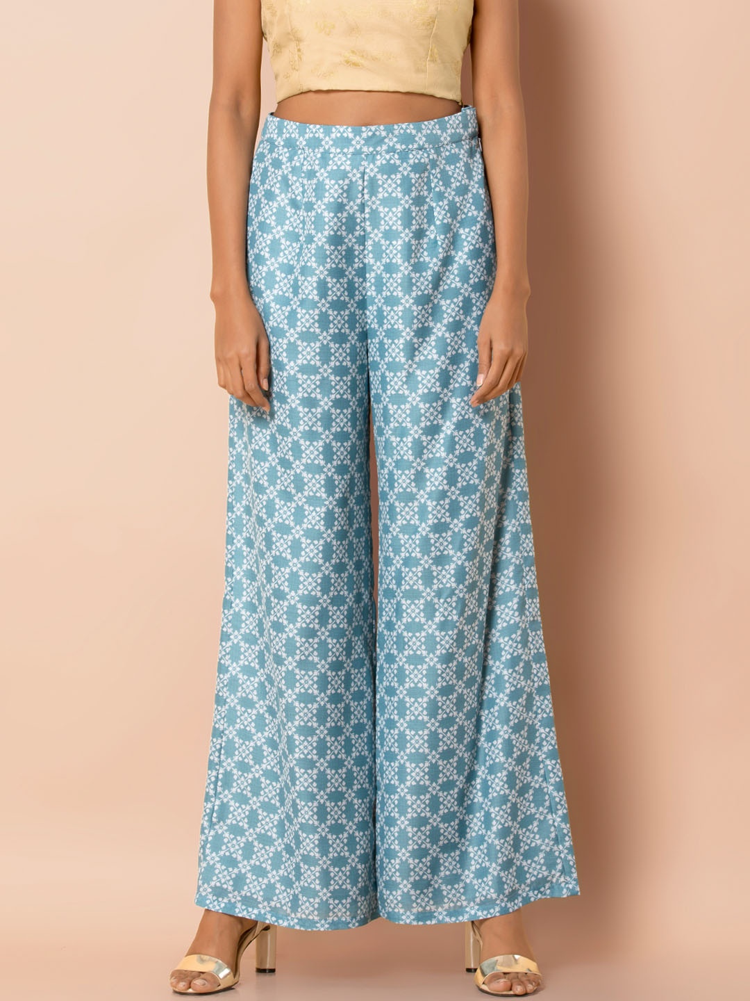 

INDYA Women Blue Printed Straight Palazzos