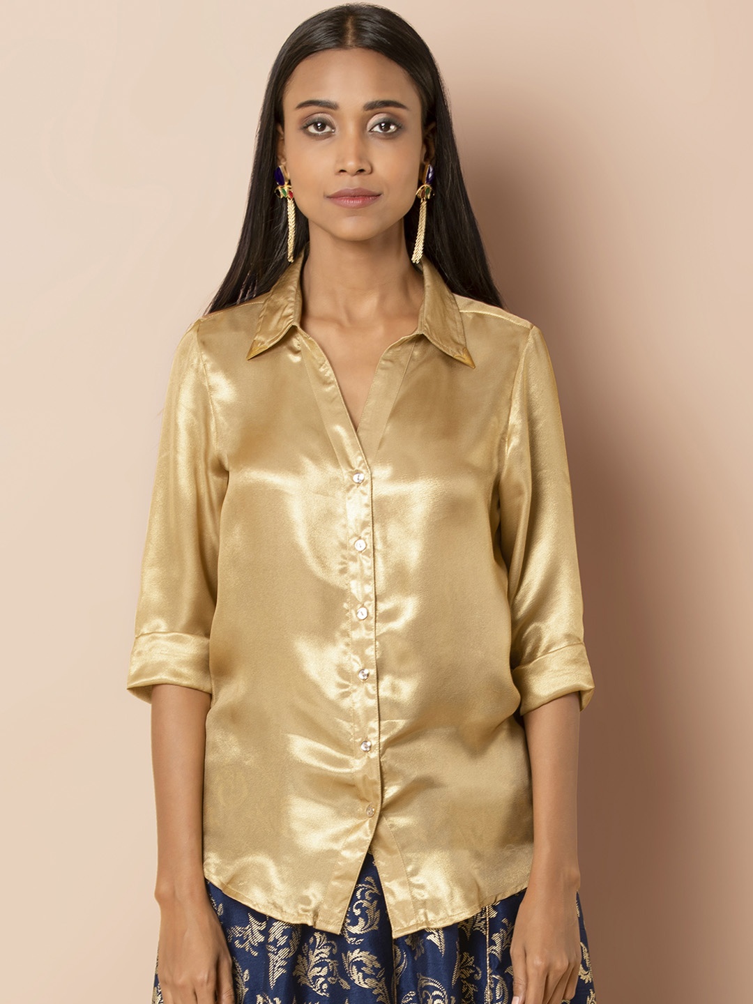 

INDYA Women Gold-Coloured Regular Fit Solid Party Shirt