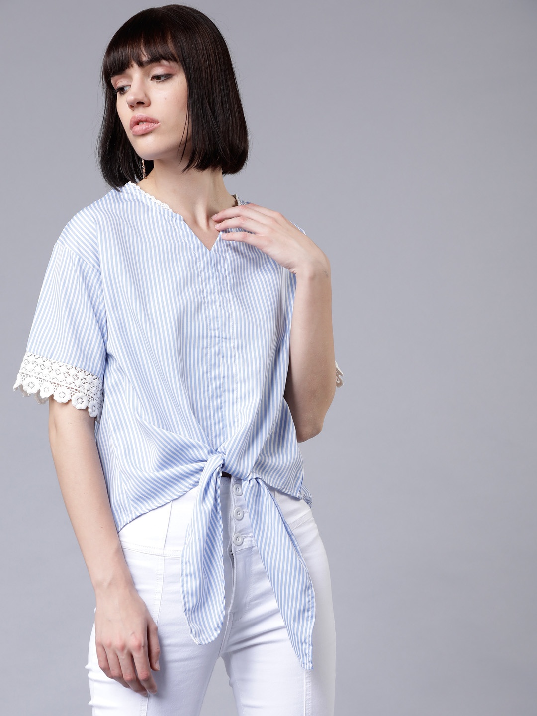 

Tokyo Talkies Women Blue & White Striped Top