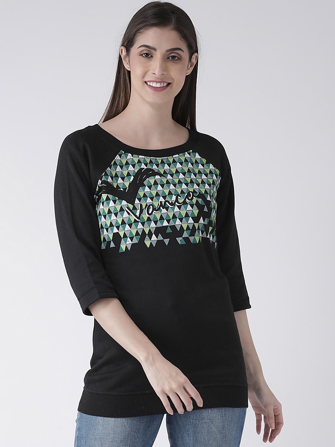 

The Vanca Women Black Printed Longline Pullover Sweatshirt