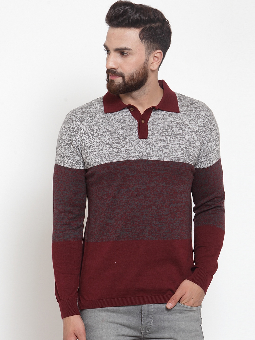 

Kalt Men Maroon & Grey Colourblocked Sweater