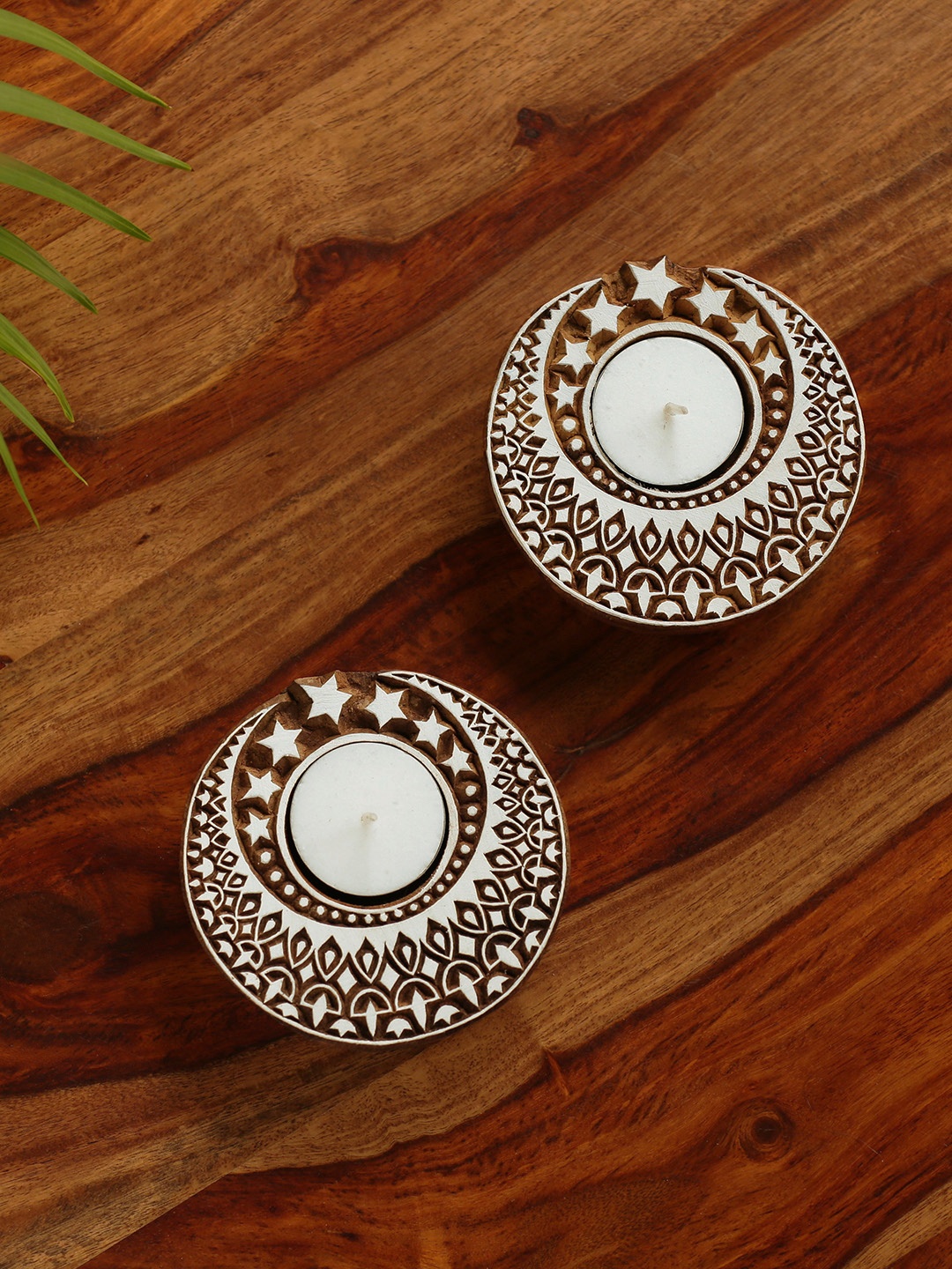 

ExclusiveLane Set Of 2 Brown & White Handcrafted Wooden Tea-Light Candle Holders