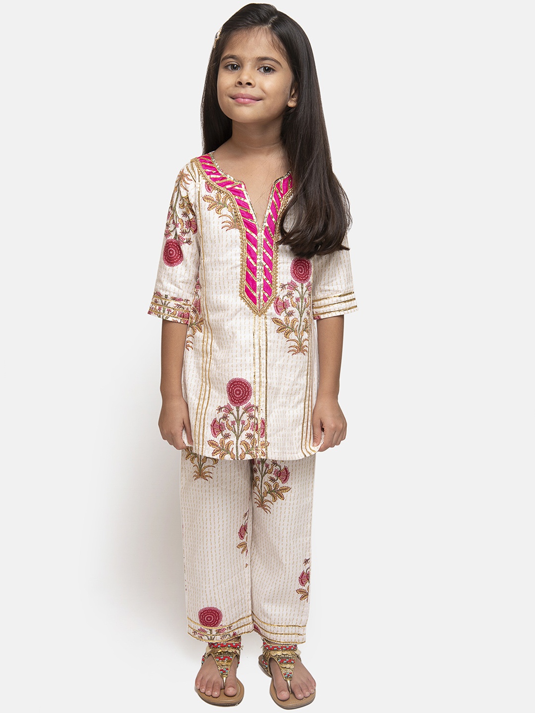 Fairies Forever Girls Off-White & Pink Printed Kurta with Trousers