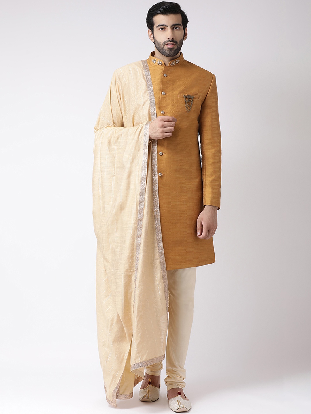 

KISAH Men Mustard Brown & Beige Printed Sherwani Set