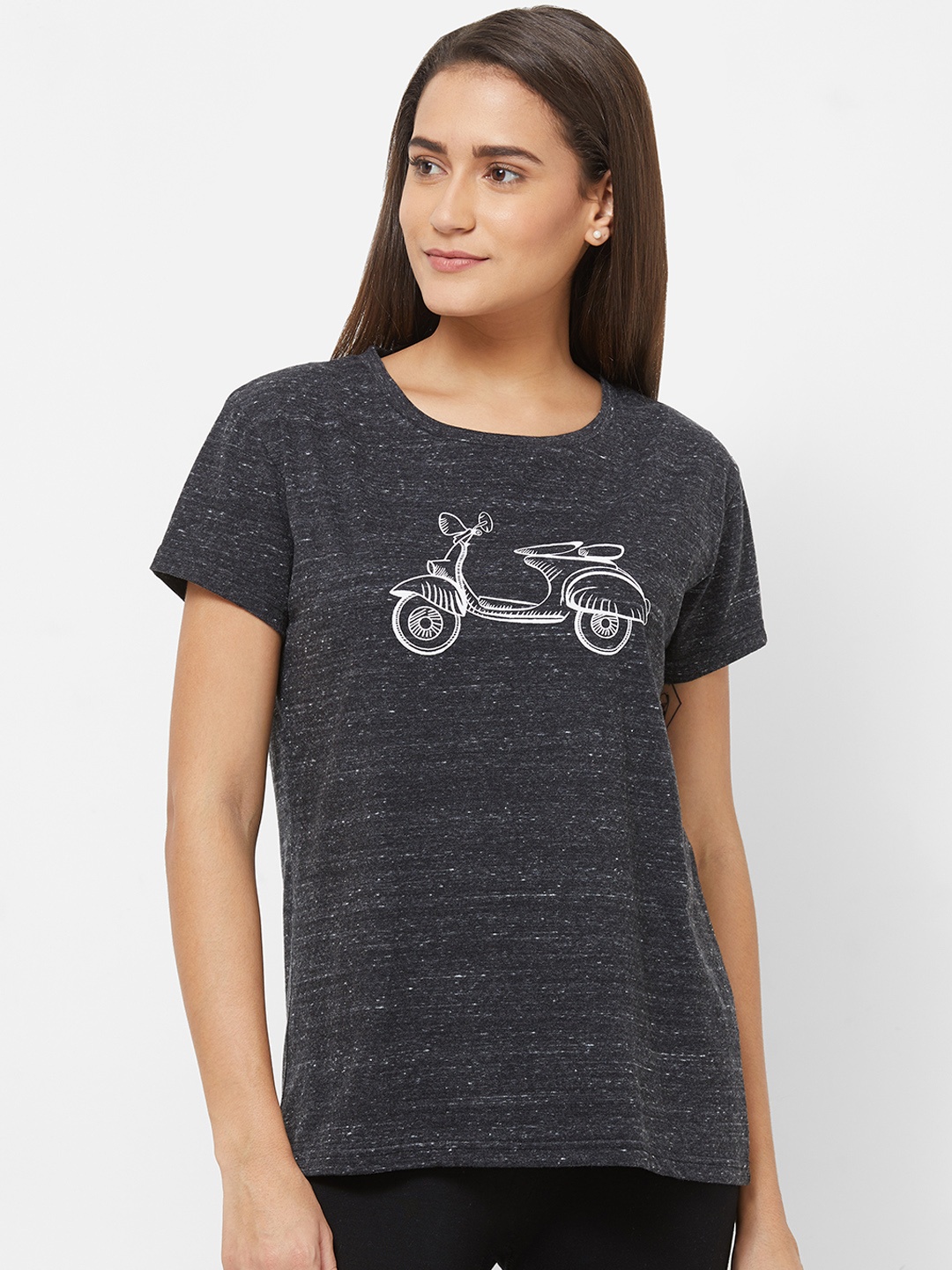 

Mystere Paris Women Charcoal Black & White Printed Lounge Tshirts