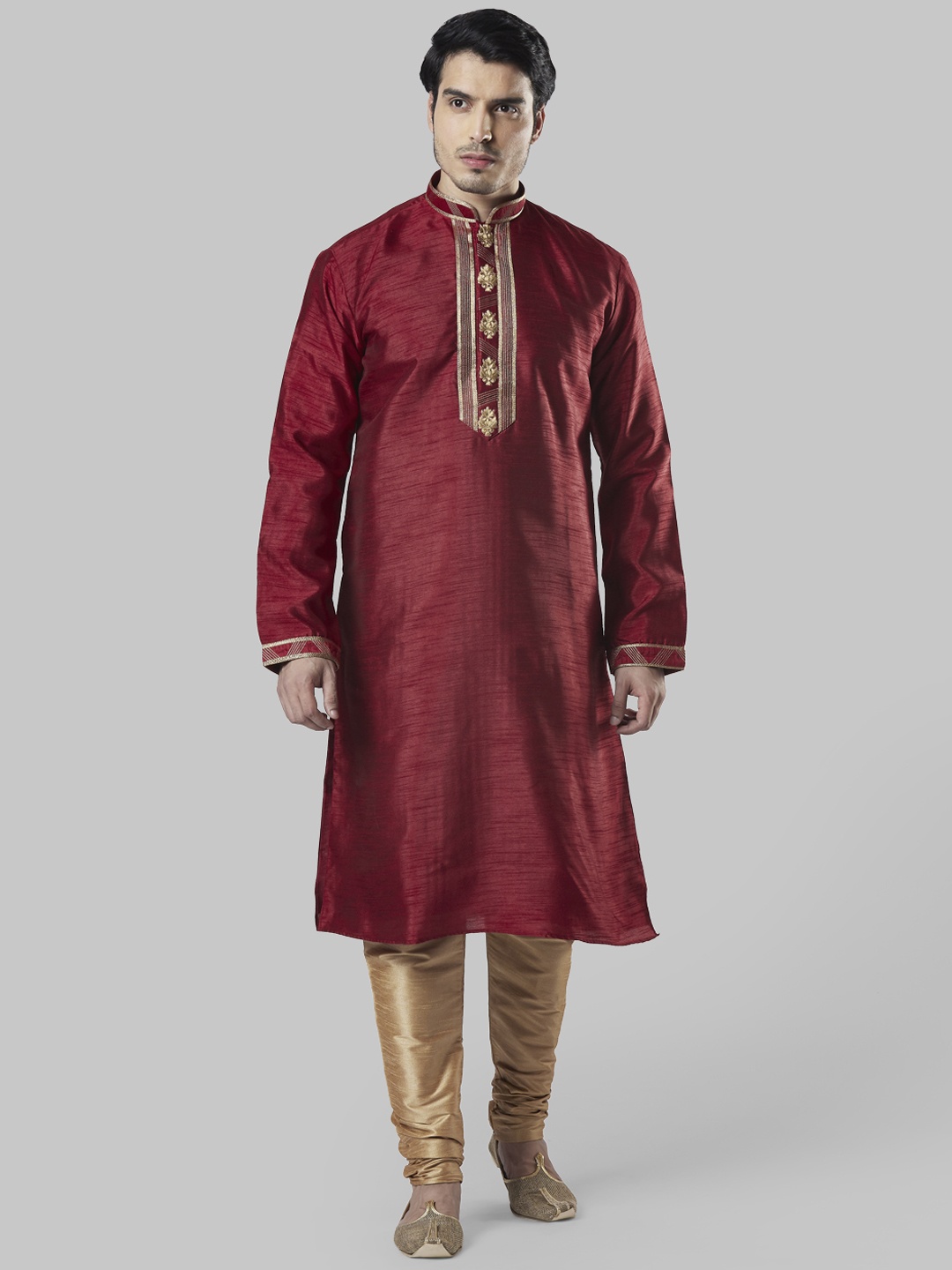 

Ethnix by Raymond Men Maroon & Gold-Toned Solid Kurta with Churidar