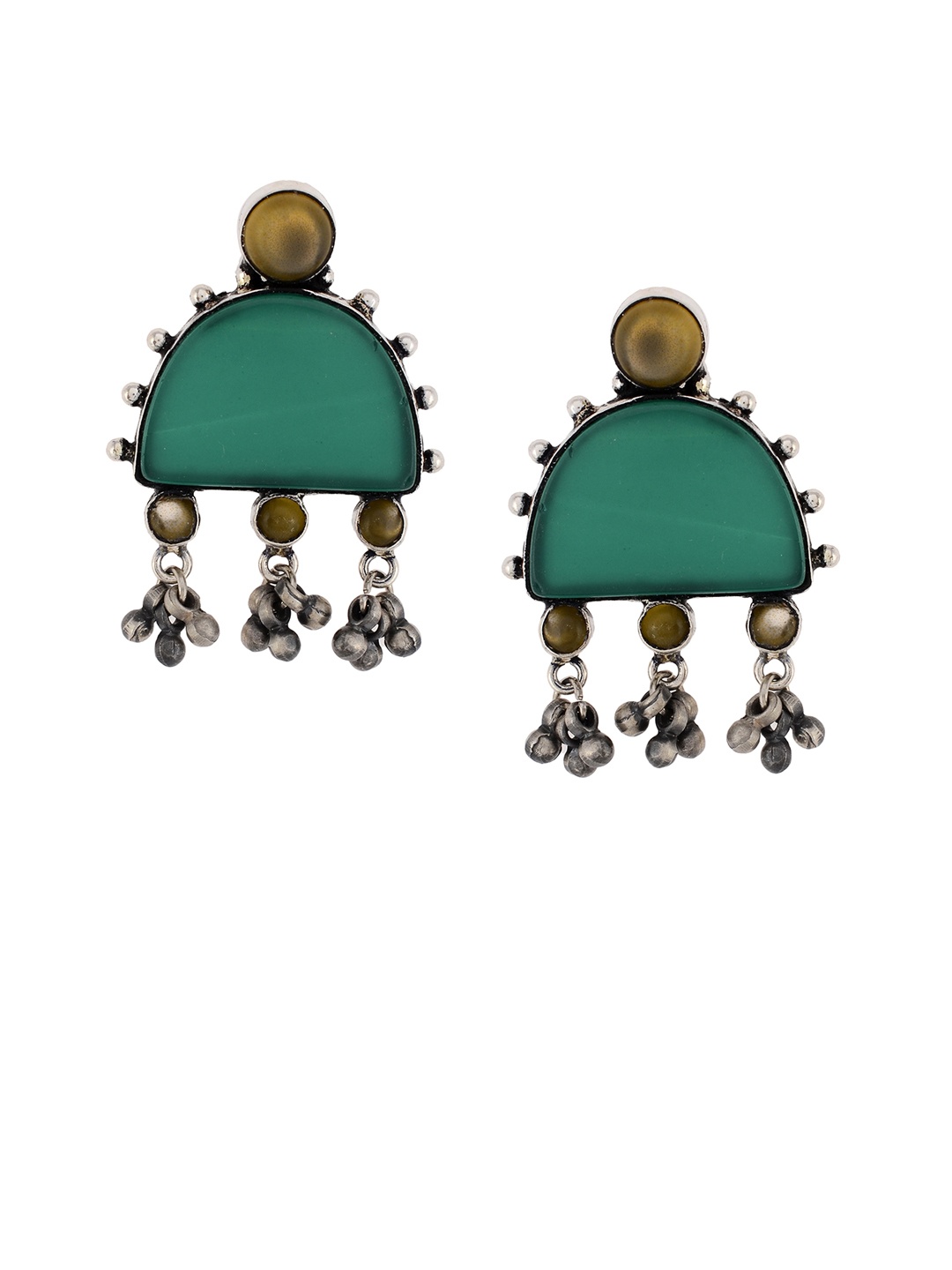 Silvermerc Designs Silver-Toned & Green Circular Drop Earrings