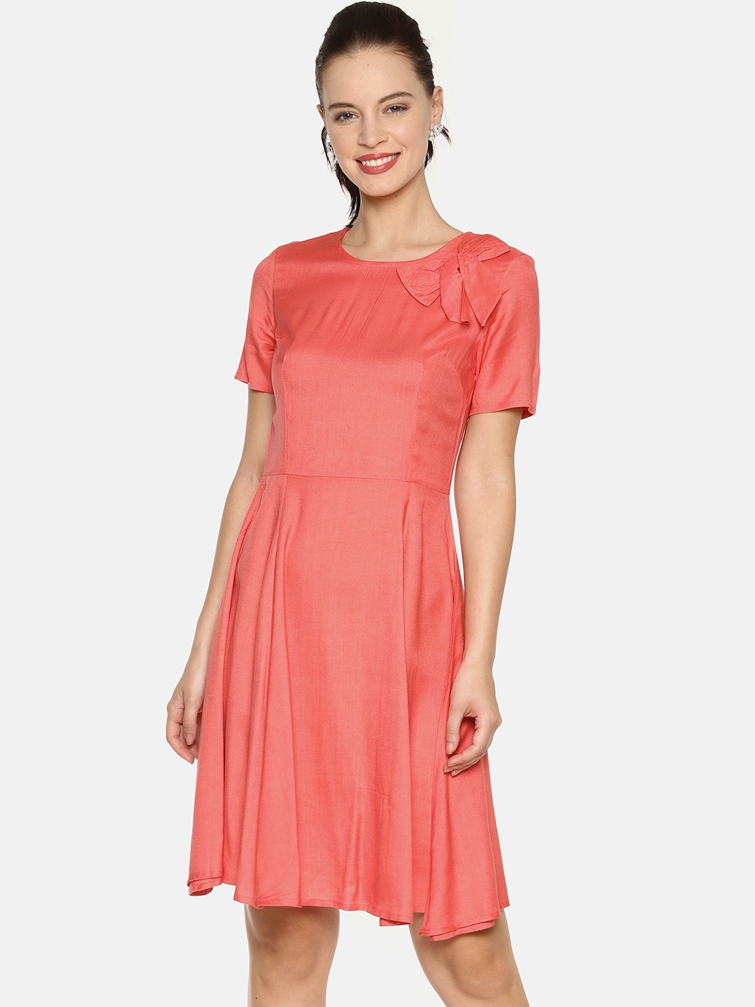 

AARA Women Solid Peach-Coloured A-Line Dress