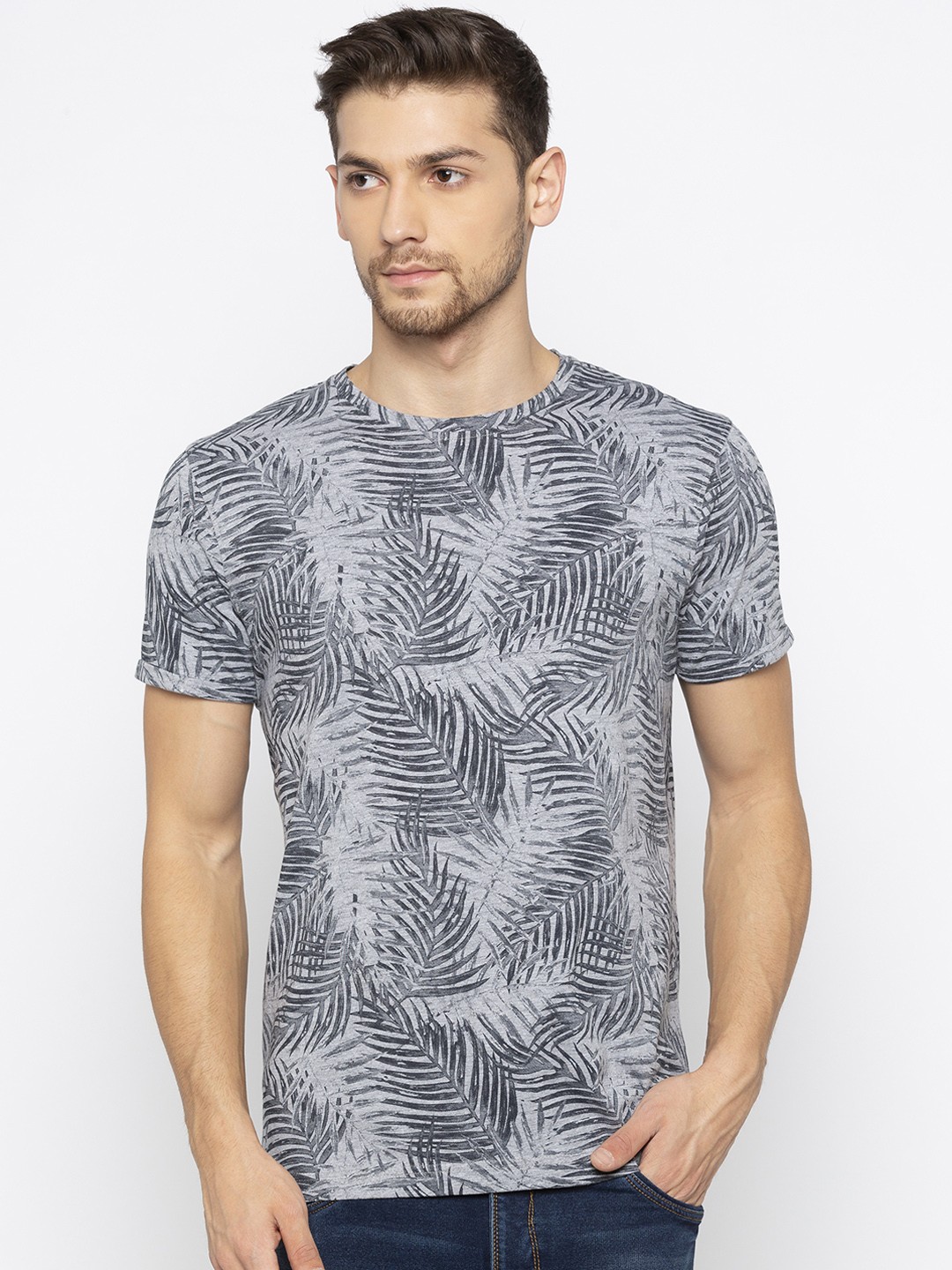 

Status Quo Men Grey Slim Fit Printed Round Neck Pure Cotton T-shirt