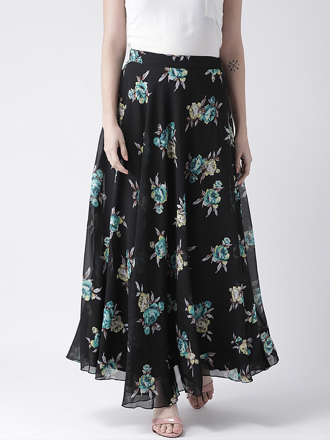 

The Vanca Women Black & Green Printed Flared Maxi Skirt