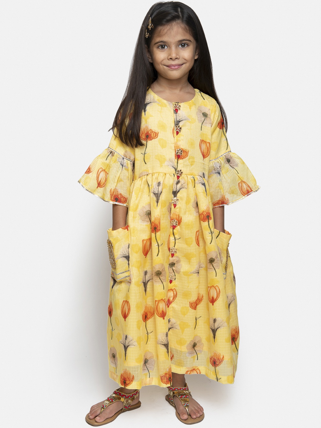 

Fairies Forever Girls Floral Printed Yellow Maxi Dress