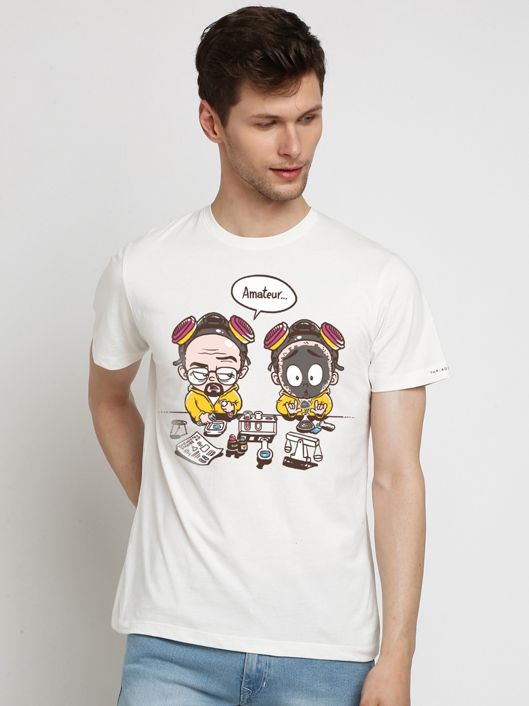 

THREADCURRY Men White Printed Round Neck T-shirt
