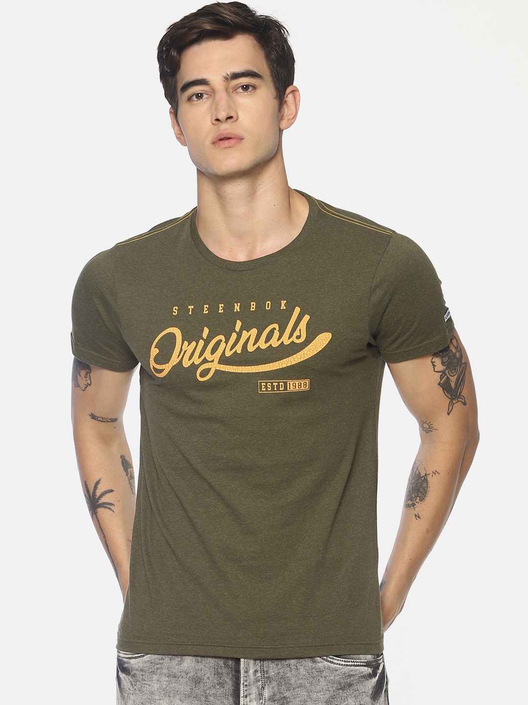 

Steenbok Men Olive Green Printed Round Neck T-shirt
