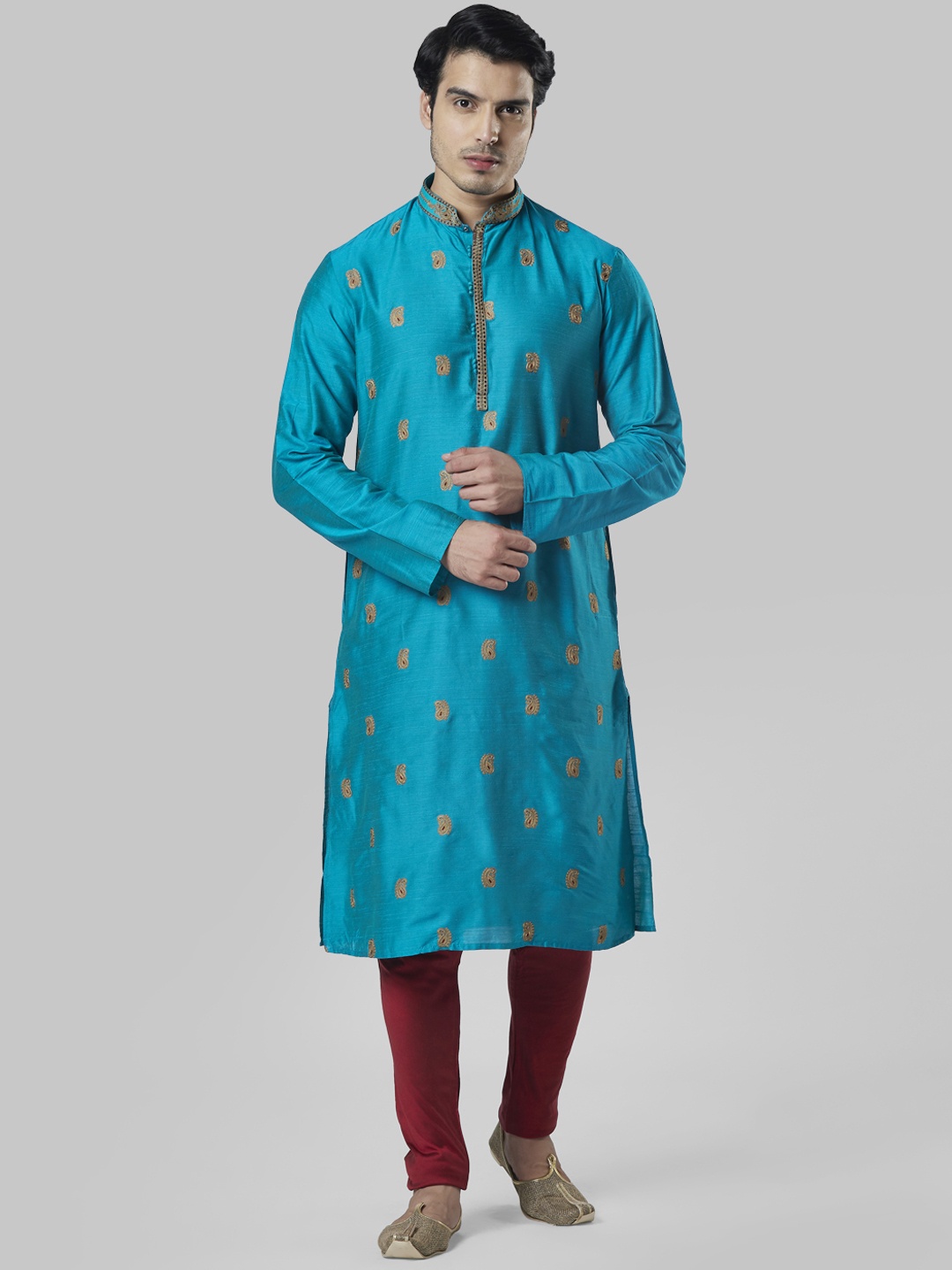 

Ethnix by Raymond Men Blue & Maroon Embroidered Kurta with Churidar