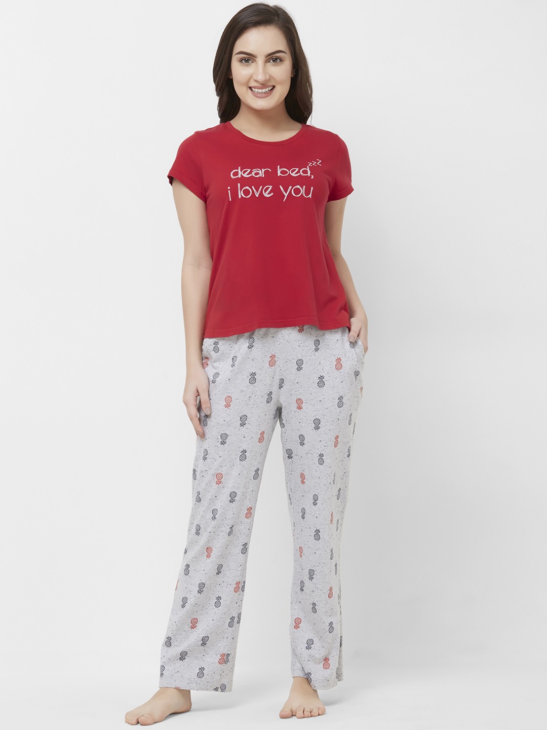 

Mystere Paris Women Red & Grey Printed Night Suit