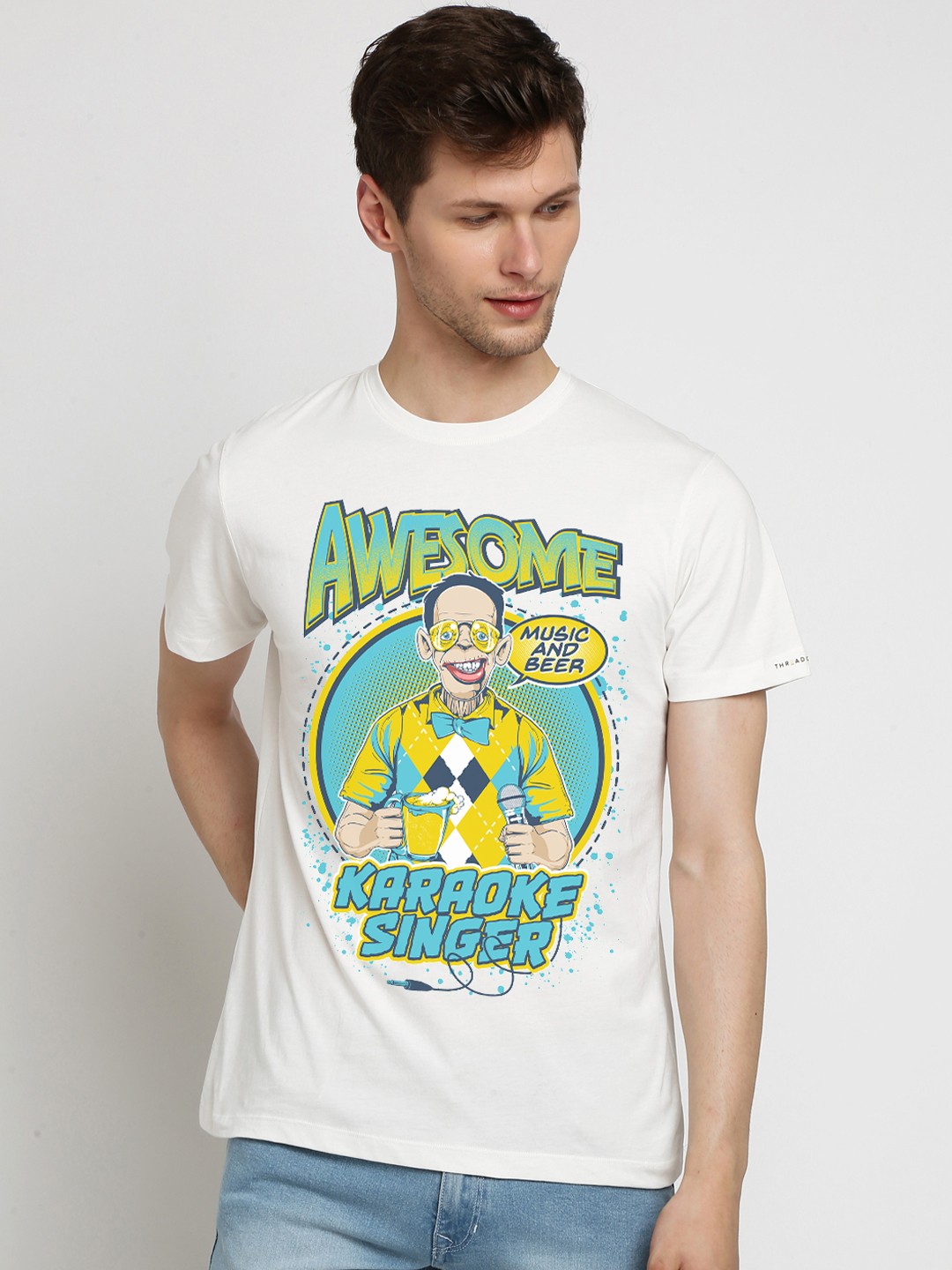 

THREADCURRY Men White Printed Round Neck T-shirt