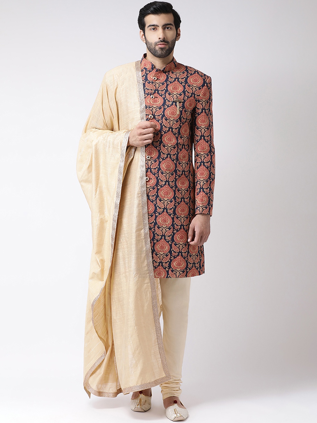 KISAH Men Printed Indowestern Sherwani Set, Navy blue